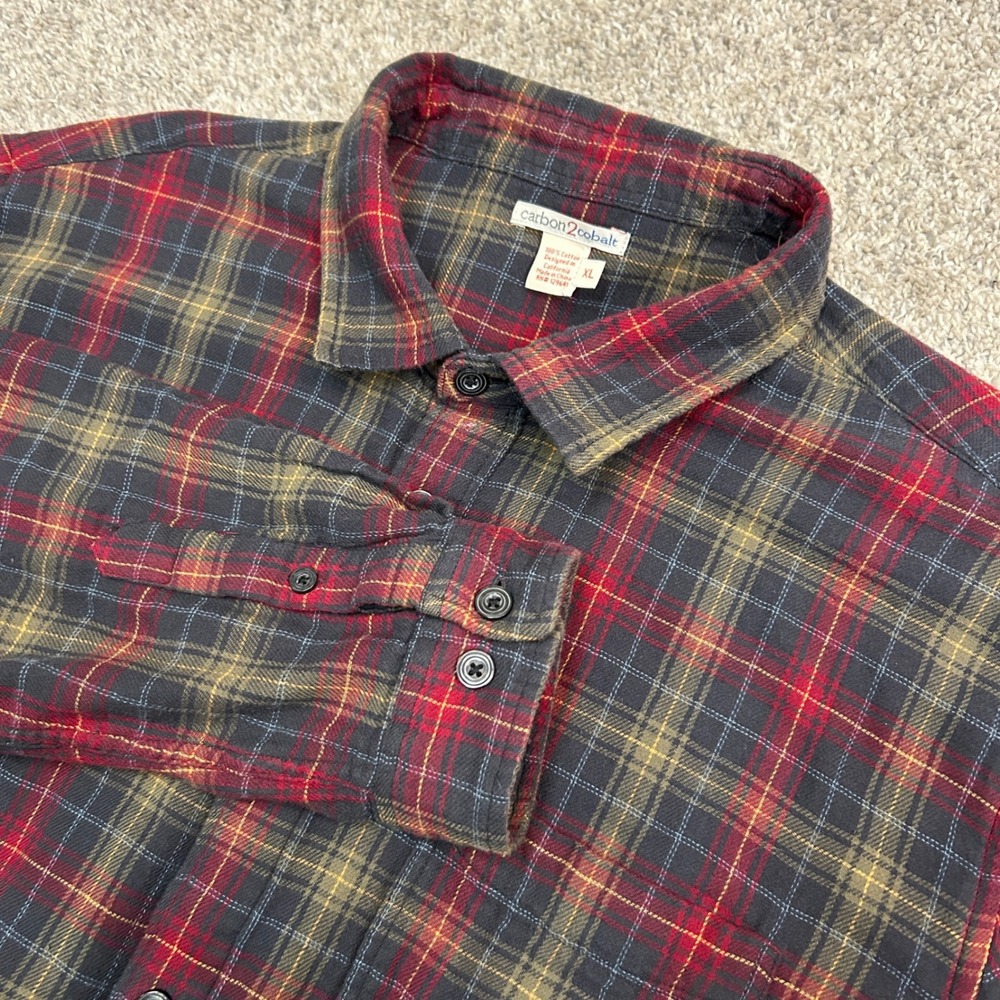 Carbon 2 Cobalt Button Up Flannel Shirt XL Red Plaid Double Layer Cotton 133093‎